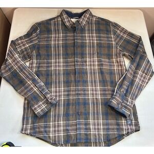 Weatherproof Vintage Shirt Size L Large Brown Blue Plaid Button Down Flannel
